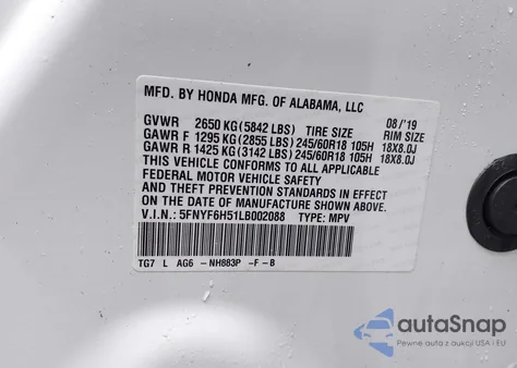 2020 Honda Pilot Awd Ex-L from USA, damaged, VIN 5FNYF6H51LB002088